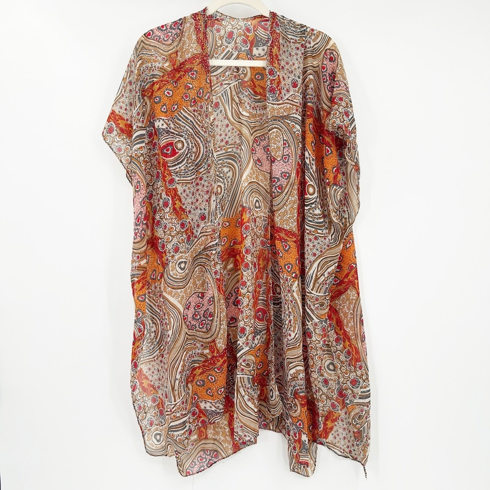 Jessica McClintock Women Abstract Paisley Rhinestone Boho Kimono Cardigan OS